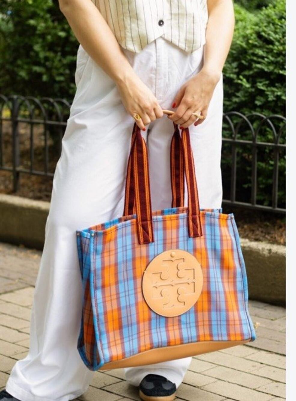 Tory Burch Ella Mesh Market Tote Orange Red Mercado Plaid Bag Extra Large Logo